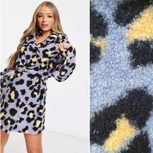 ASOS Design Animal Mini Robe Teddy Plush Leopard Print Hood Wrap Cardigan Blue